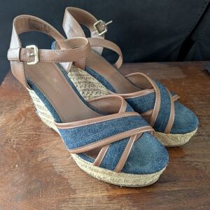 Montego Bay Club Tan and Blue Wedge Sandals